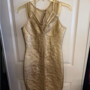 Gold Metallic Bodycon Dress with Mesh Yoke